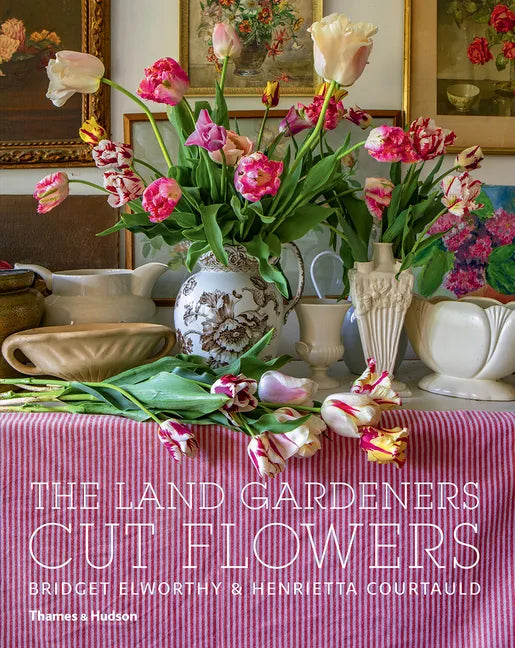 Hardcover book "The Land Gardeners: Cut Flowers" by splitShops featuring colorful garden flower illustrations.