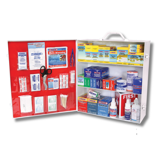 Rapid Care First Aid 3 Shelf Trauma Cabinet with labeled compartments for first aid supplies and emergency medical kit storage.