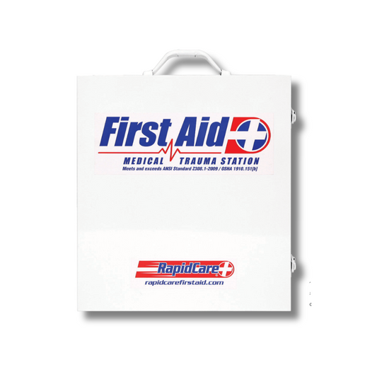Rapid Care First Aid 3 Shelf Trauma Cabinet with labeled compartments for organizing first aid supplies and medical equipment.