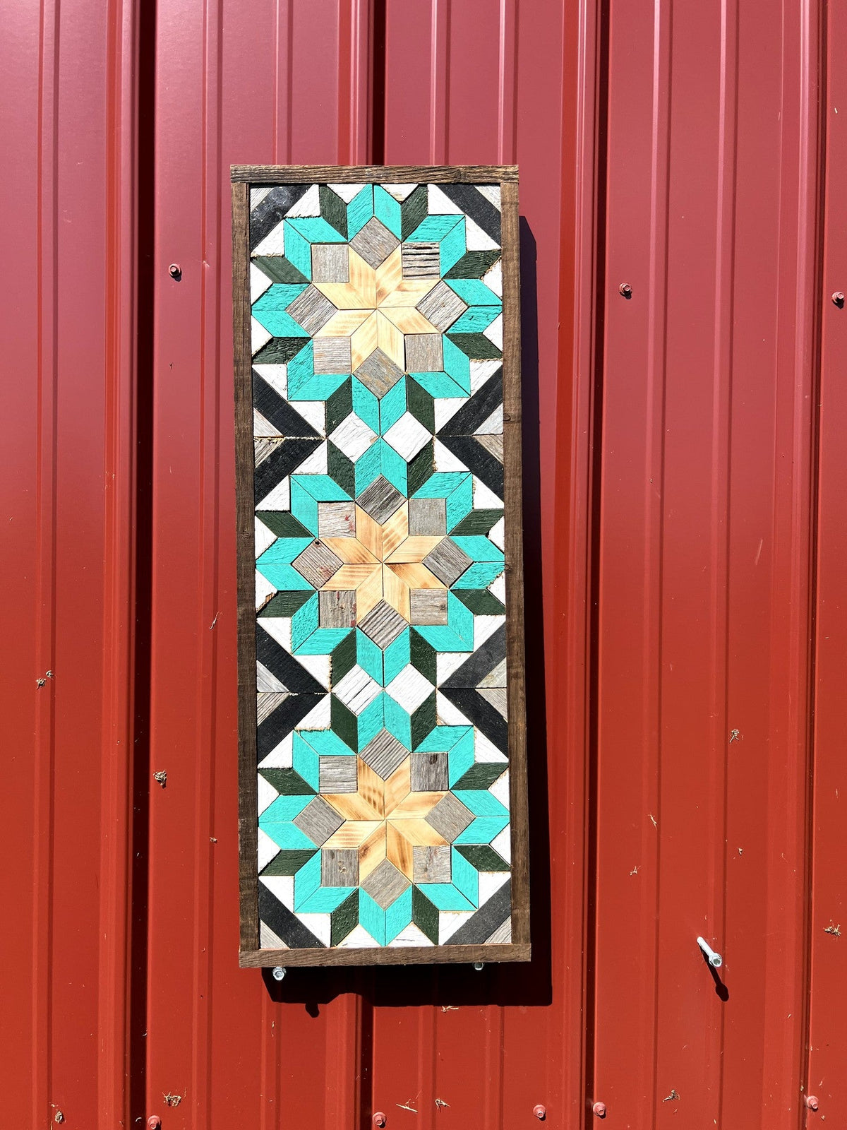 Amish handmade barn quilt banner featuring a traditional geometric design, measuring 10.5 x 30 inches, from Amish Country Store.