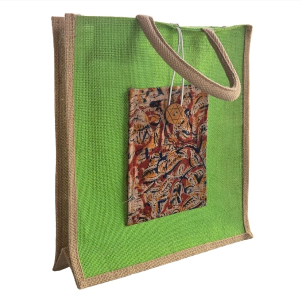 Vintage style MicRic jute cotton tote bag with large pocket, ideal for shopping and casual use, custom-made for versatile style.