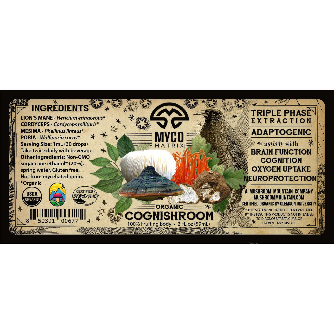 Mycomatrix CogniShroom adaptogenic mushroom extract bottle from Mushroom Mountain, with label and product details visible.