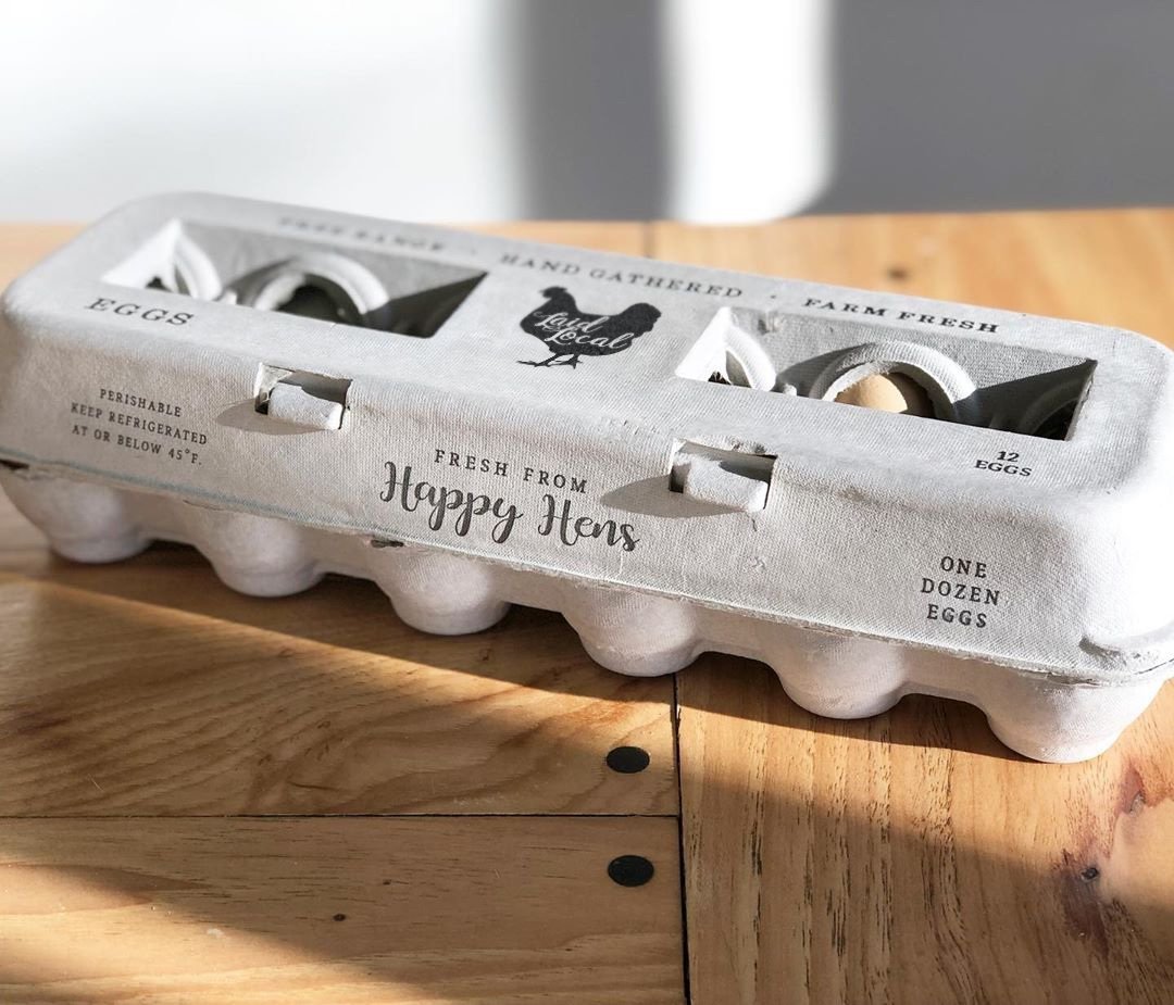 A Henlay Laid Local Egg Carton by My Pet Chicken, featuring an adorable printed vintage design, sits on a wooden table in bright natural light. The light gray recycled pulp fiber carton holds one dozen eggs.