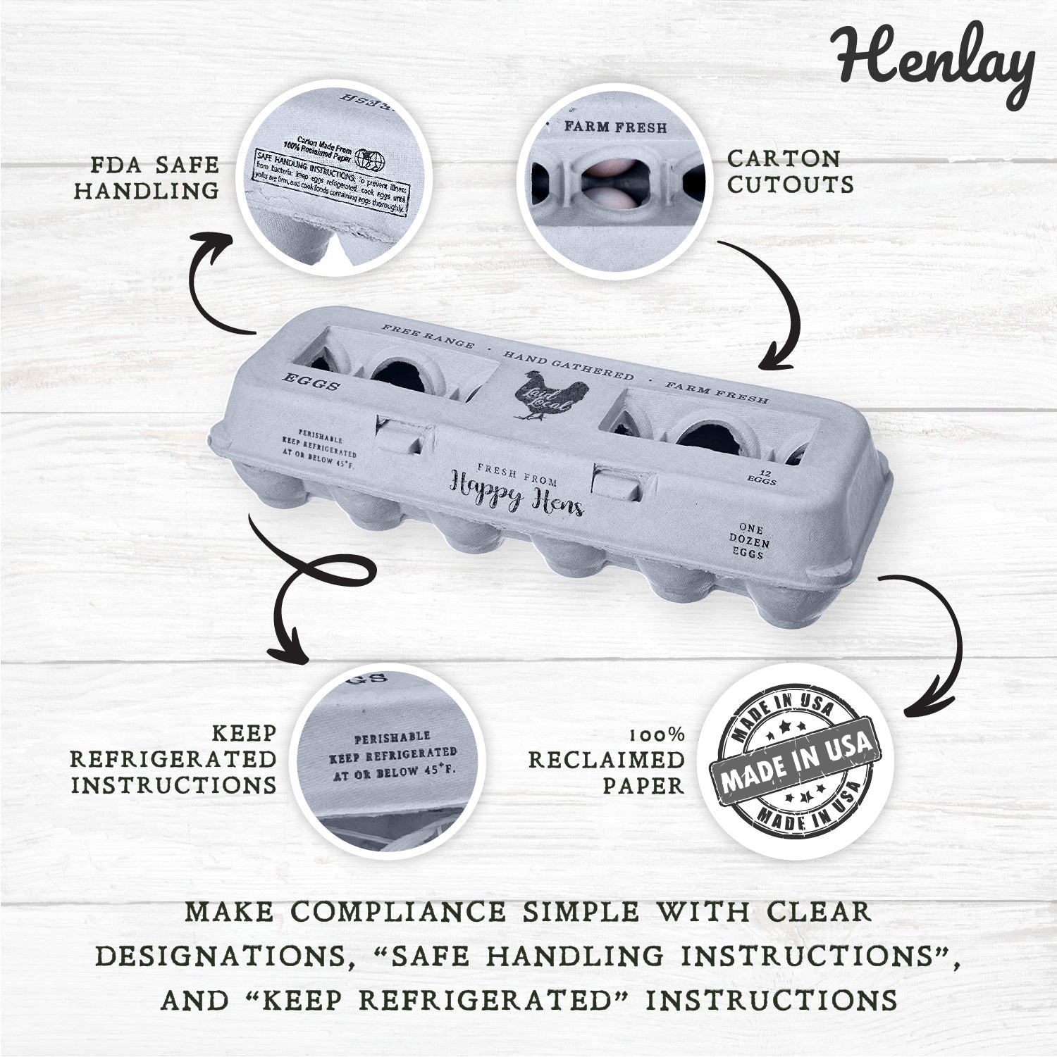 The Henlay Laid Local Egg Cartons by My Pet Chicken, in vintage prints (packs of 25, 90, or 250), feature recycled pulp fiber, close-ups of FDA safe handling tips, carton cutouts, a 100% reclaimed paper badge, and clear refrigeration labels.