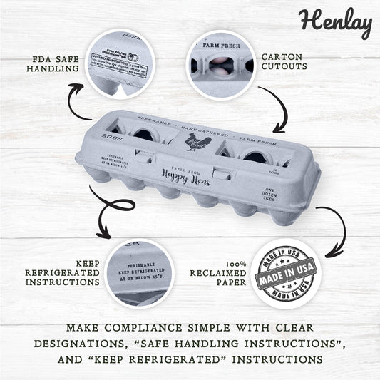 The Henlay Laid Local Egg Cartons by My Pet Chicken, in vintage prints (packs of 25, 90, or 250), feature recycled pulp fiber, close-ups of FDA safe handling tips, carton cutouts, a 100% reclaimed paper badge, and clear refrigeration labels.