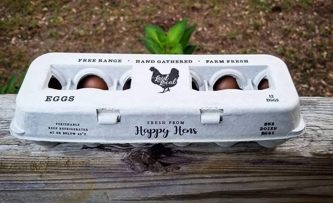 A gray biodegradable Henlay Laid Local Egg Carton by My Pet Chicken with an adorable vintage design holds a dozen brown eggs and rests on a wooden railing outdoors, with grass and leaves in the background.