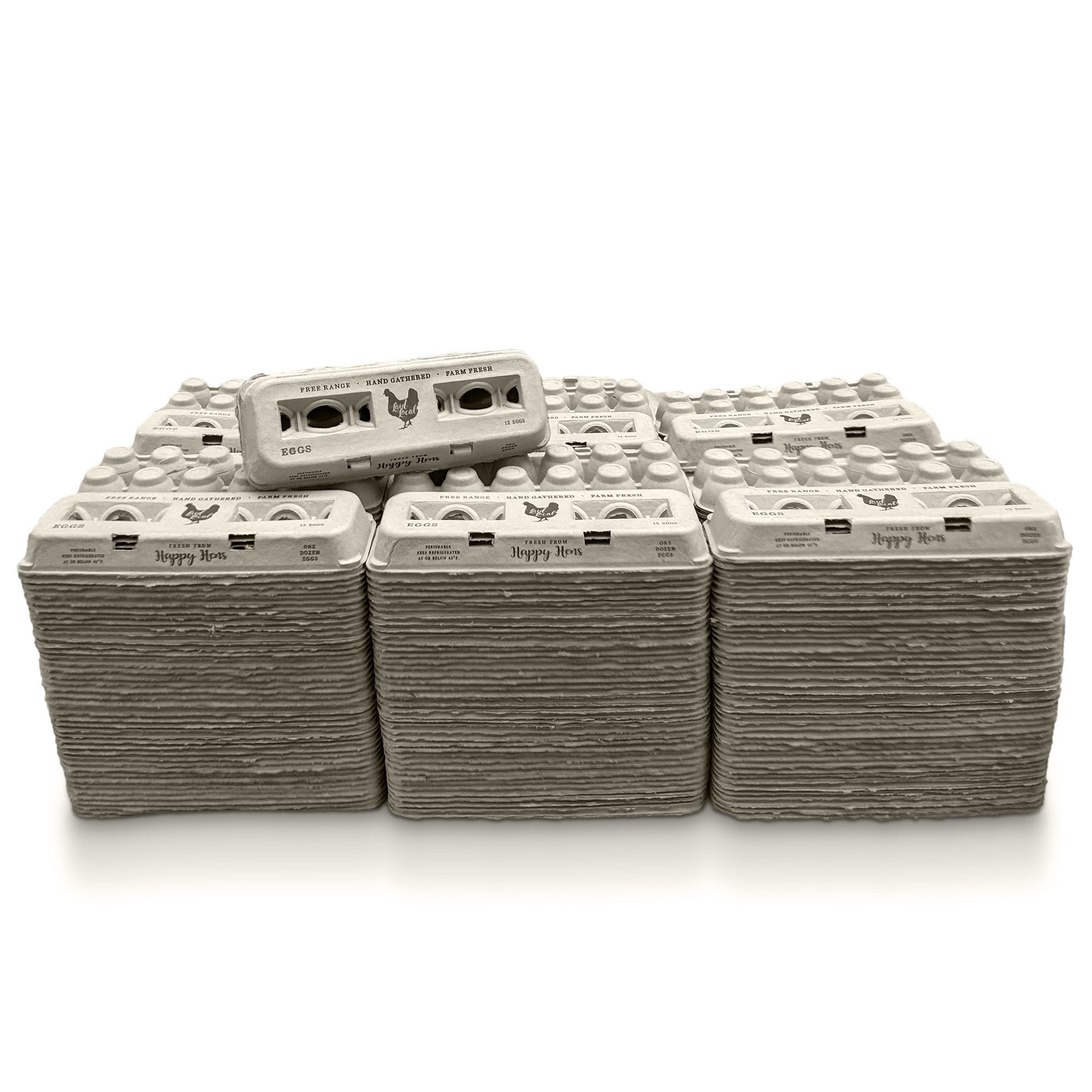 Four large stacks of My Pet Chickens Henlay Laid Local Egg Cartons with adorable vintage designs are shown, one angled on the top left stack. The background is plain white. Available in packs of 25, 90, or 250.