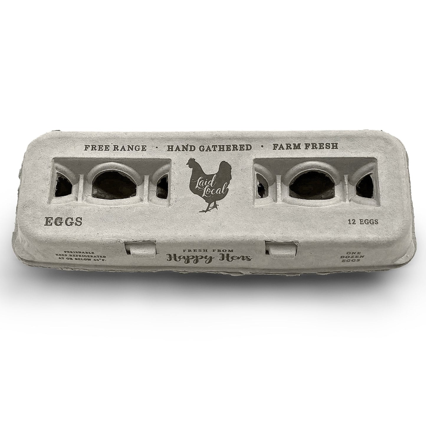 The Henlay Laid Local Egg Cartons from My Pet Chicken feature a vintage design with “Free Range, Hand Gathered, Farm Fresh” labels, small oval windows, a chicken illustration, and hold 12 eggs. Available in packs of 25, 90, or 250. Biodegradable carton.