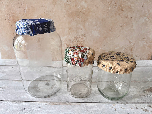 Farmhouse jar covers from Five Oaks Farm, rustic cloth covers designed for preserving jars and homemade jams.