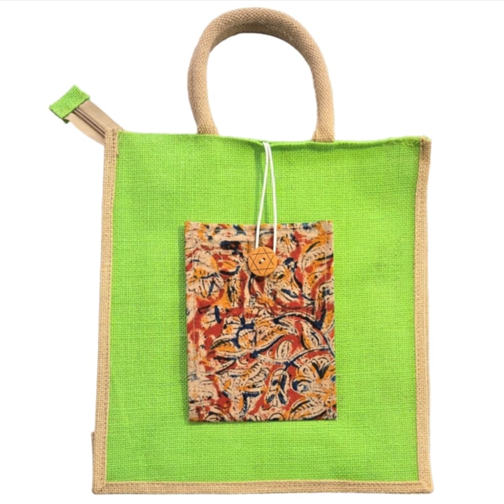 Large vintage-style jute cotton tote bag with pocket, custom-made by MicRic for shopping and casual carry.