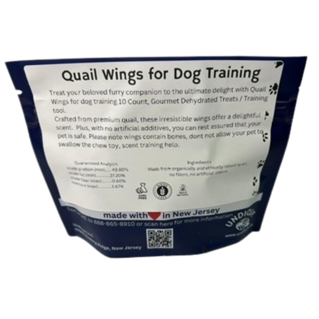 Small pet quail wings by Quailz.com for dog training, featuring 10 natural quail wings in the image.