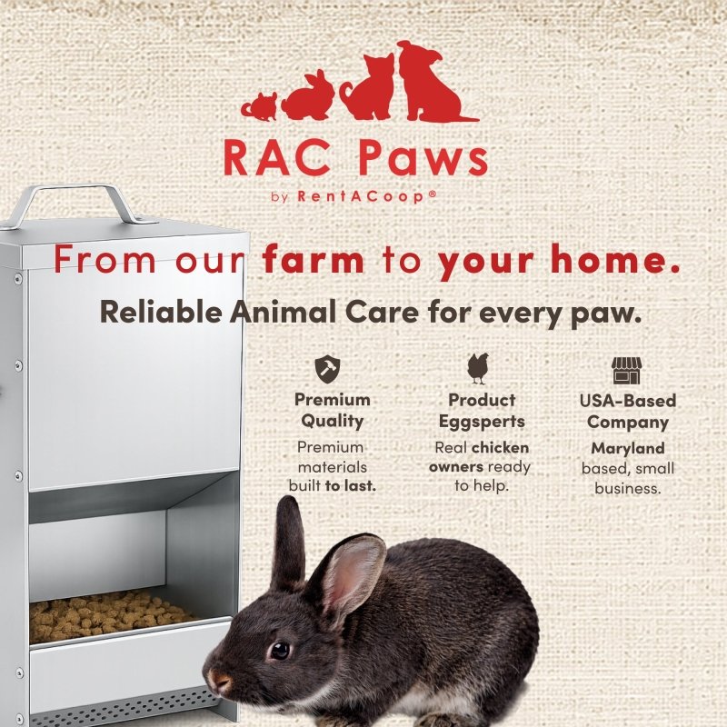 RentACoop RAC Paws 5-pound metal trough feeder for small animals like rabbits, guinea pigs, and ferrets, shown filled with food.