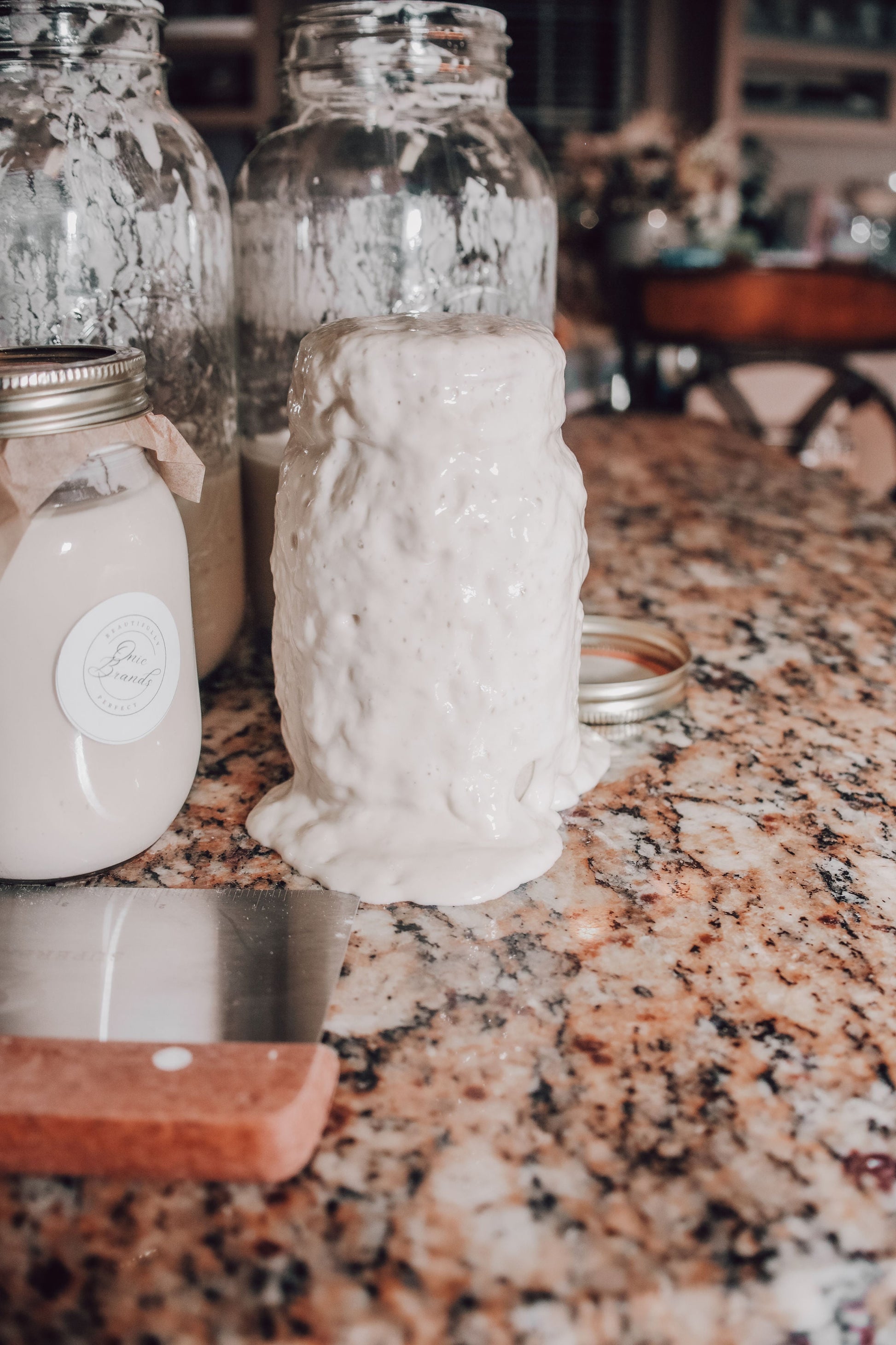 Onic Brands LLC sourdough starter in a glass jar with a bubbly, fermented appearance ready for baking.