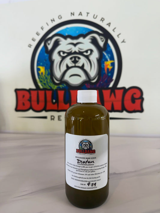 Bulldawg Reef Juice Diatom Blend bottle with label, showcasing Reef Aquarium supplement by Bulldawg Reef LLC.