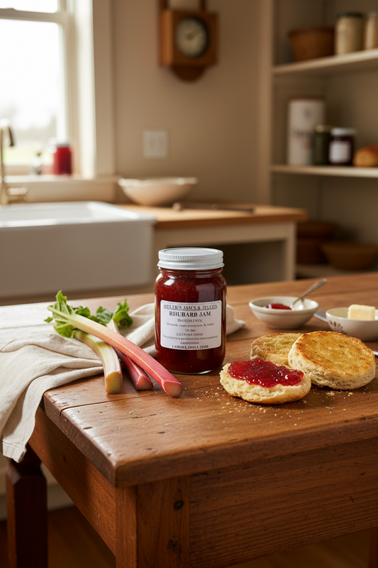 Amish Country Store Miller's Rhubarb Jam jar with label, showcasing authentic Amish made Amish jam in a glass jar with red lid.