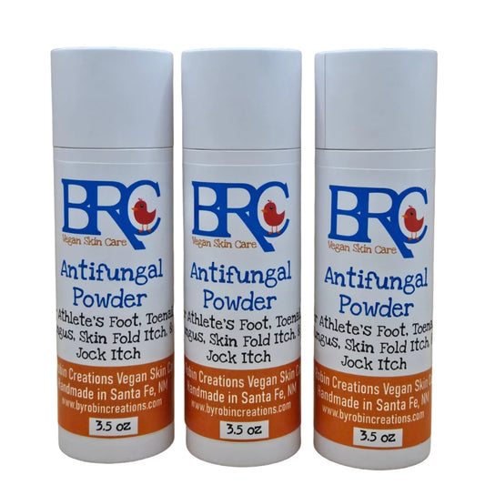 Robin Creations antifungal powder for feet, toenail fungus, skin folds, underboob, and jock itch to reduce odor and fungal issues.