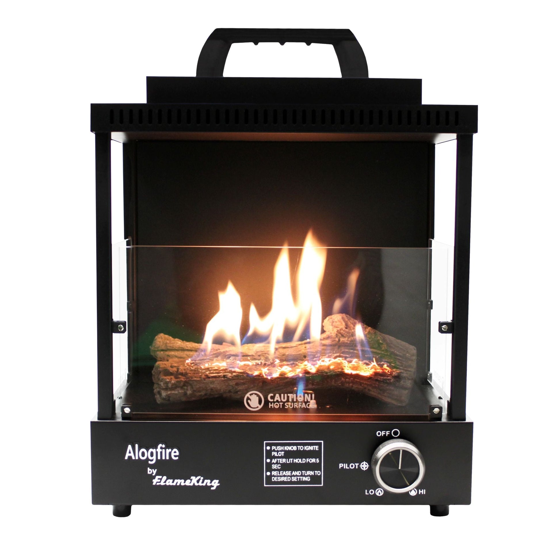 Portable Flame King camping propane fireplace heater with a modern design, suitable for indoor and outdoor use.