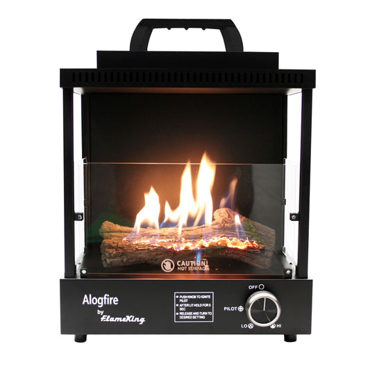 Portable Flame King camping propane fireplace heater with a modern design, suitable for indoor and outdoor use.