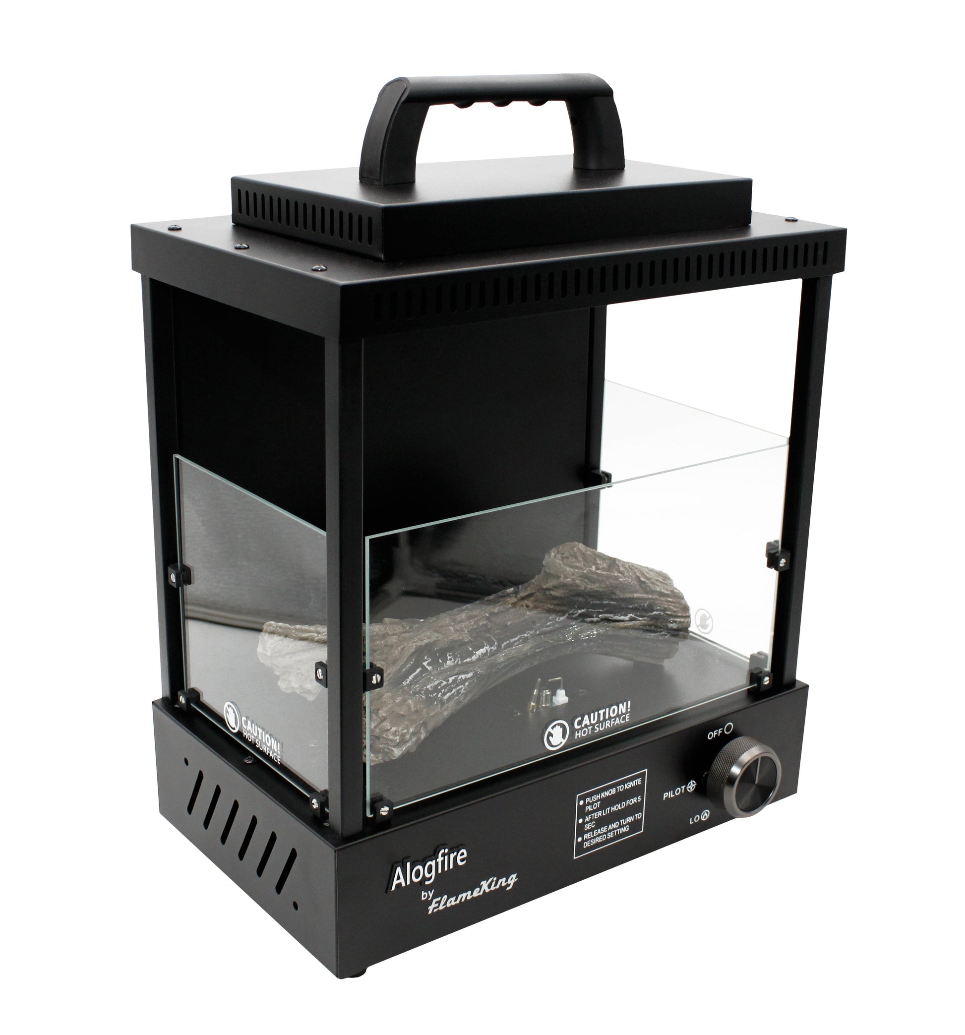 Flame King portable propane fireplace heater for camping, indoor and outdoor use, with a compact design and safety features.
