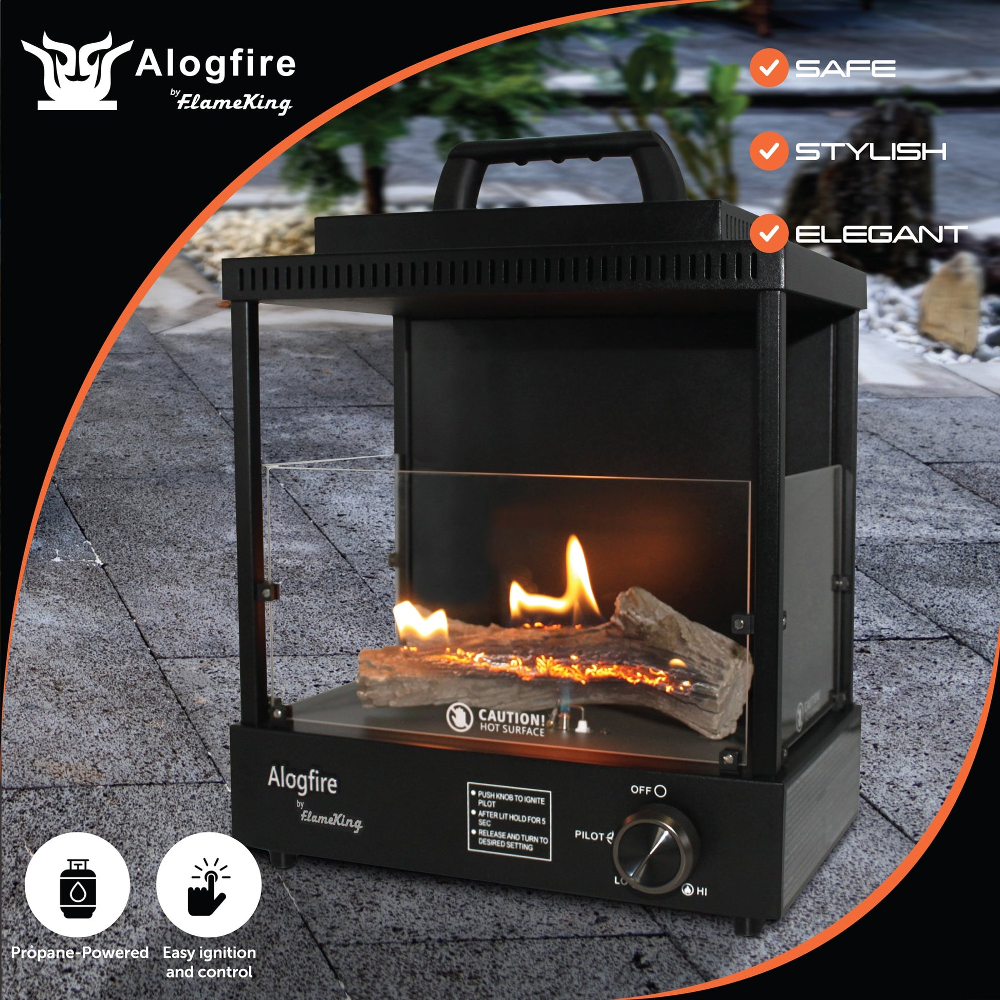 Flame King portable propane fireplace heater for camping, indoor and outdoor use, with a compact design and safety features.