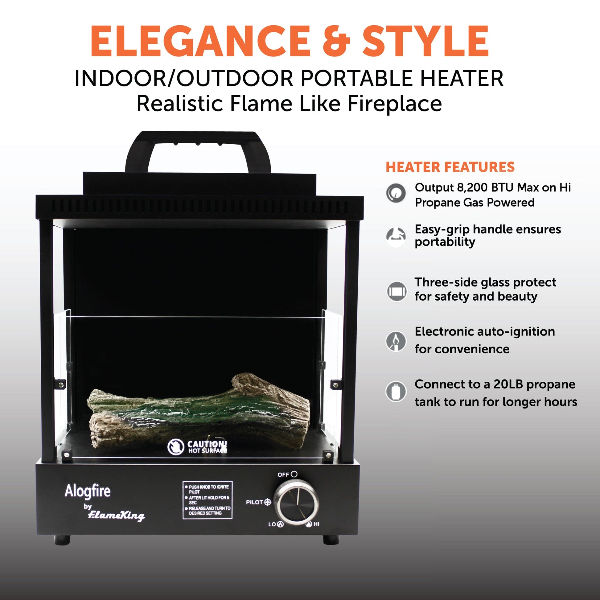 Portable Flame King Propane ALOGFIRE fireplace heater for indoor and outdoor camping, with a sleek black design and safety features.