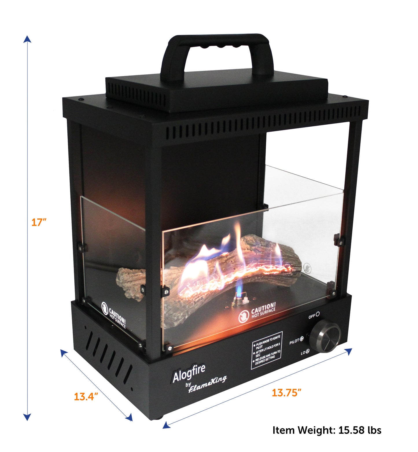 Portable Flame King ALOGFIRE fireplace heater for camping, indoor and outdoor use, with a propane flame and compact design.