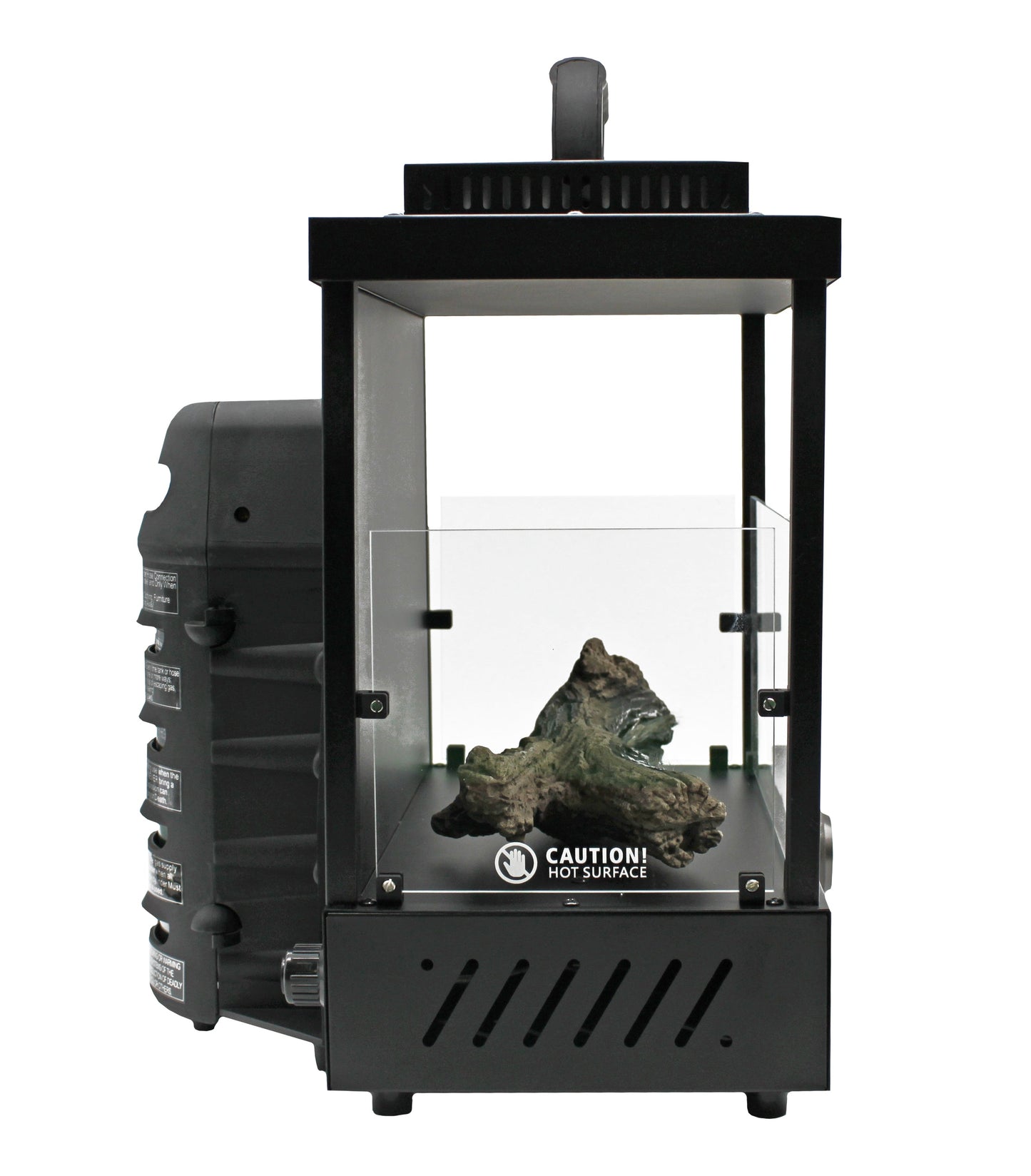 Portable Flame King propane camping fireplace heater with a metal fire grate and flame display, suitable for indoor and outdoor use.