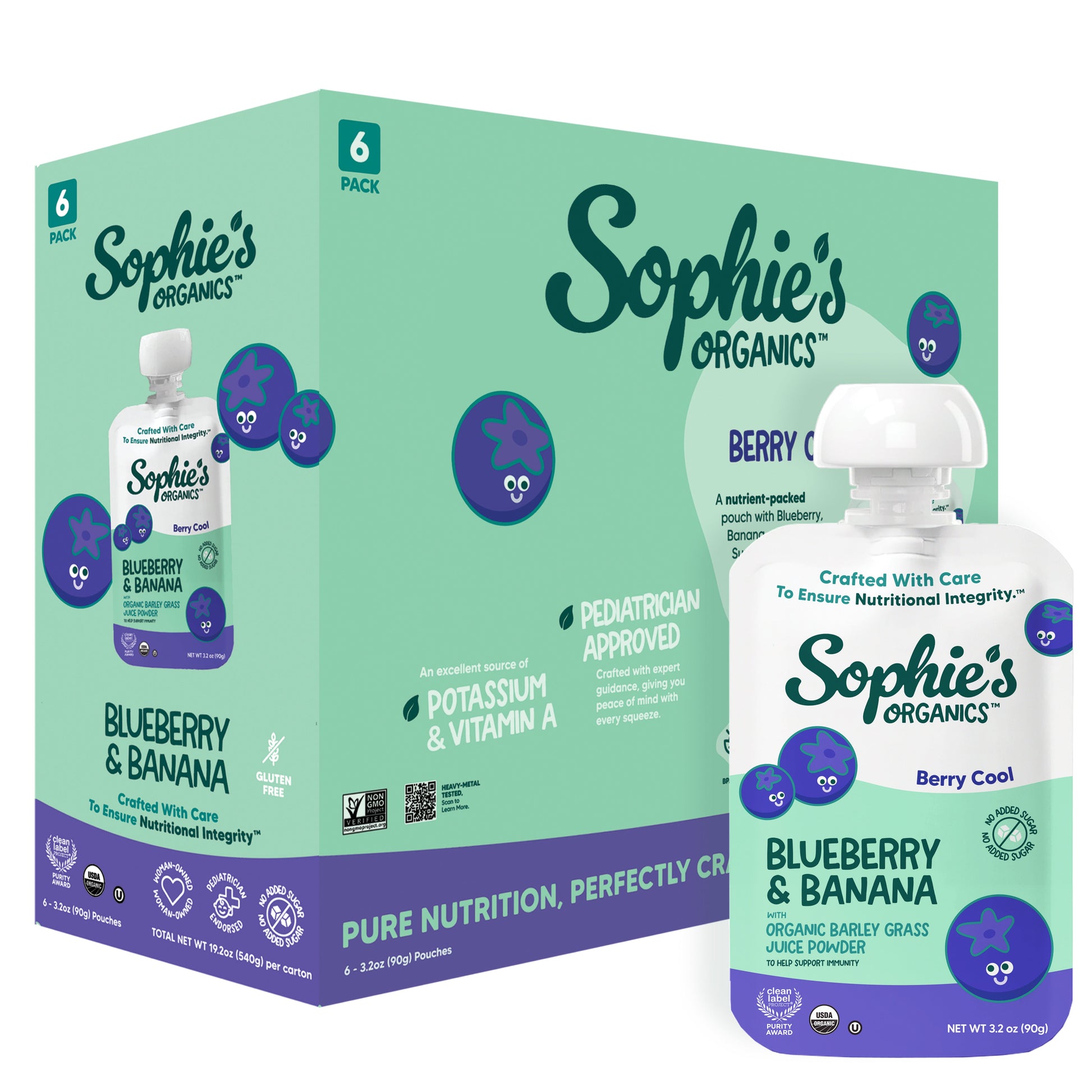 Six-pack of Sophie's Organics Berry Cool juice cartons featuring colorful berry illustrations on the packaging.
