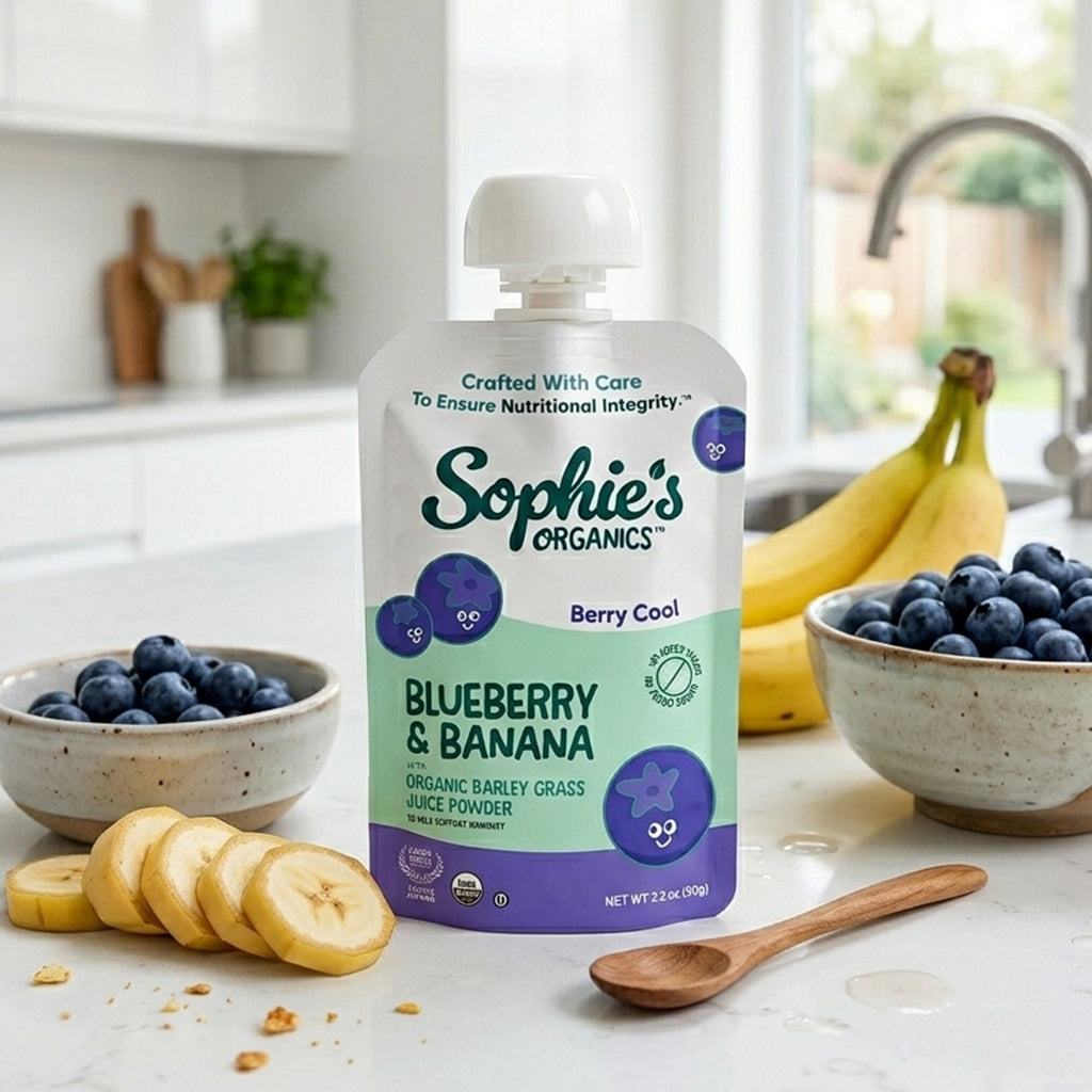 Fresh Berry Cool fruit snacks by Sophie's Organics in a 6-pack, featuring colorful berry-shaped snacks on a natural lifestyle background.