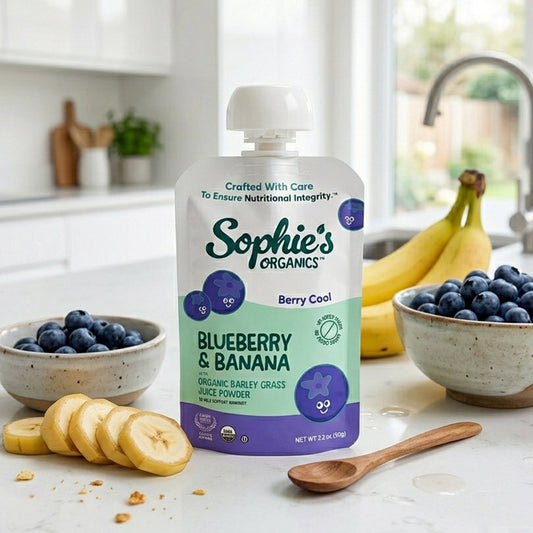 Fresh Berry Cool fruit snacks by Sophie's Organics in a 6-pack, featuring colorful berry-shaped snacks on a natural lifestyle background.