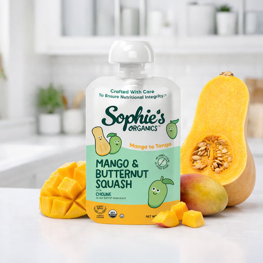 Six-pack of Sophie's Organics Mango To Tango fruit snacks displayed in a colorful, playful packaging scene.