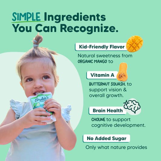 Six-pack of Sophie's Organics Mango To Tango fruit snacks in colorful packaging, featuring mango illustrations and vibrant design.