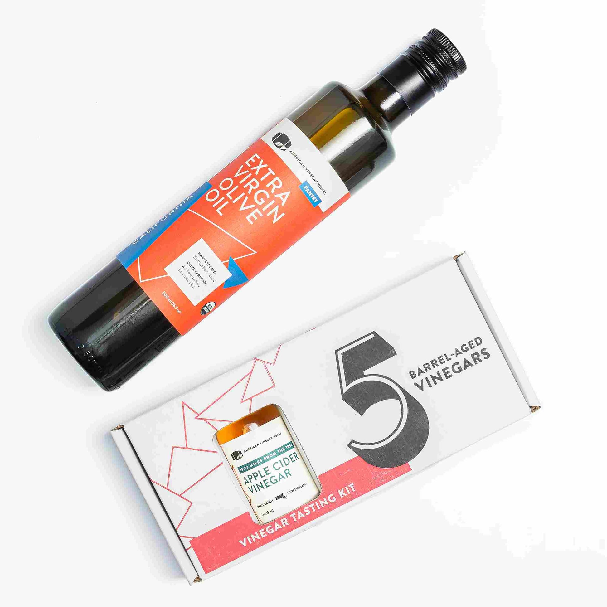 Mini American Vinegar Works oil and vinegar sampler bottle set featuring various vinegar flavors for tasting