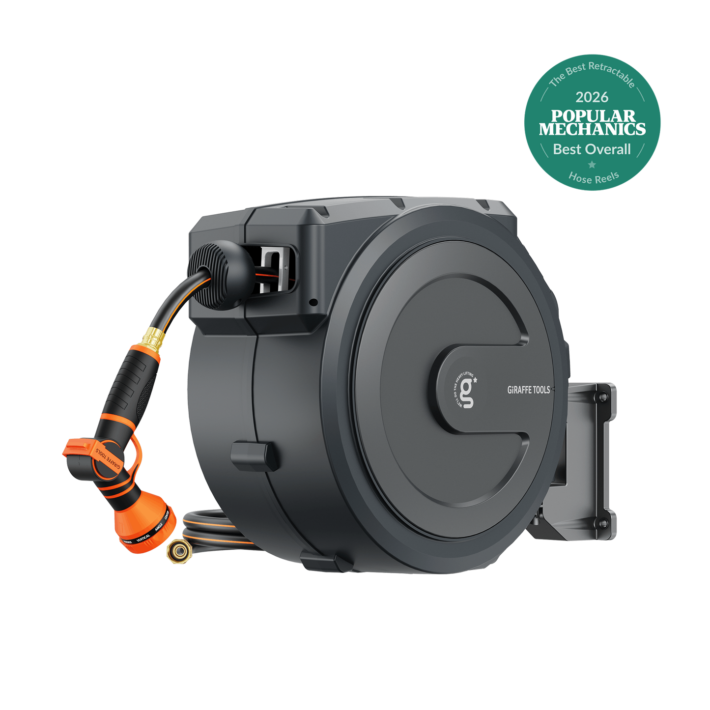 Giraffe Tools US 62ft-155ft retractable garden hose reel with handle and hose storage, ideal for outdoor garden watering.