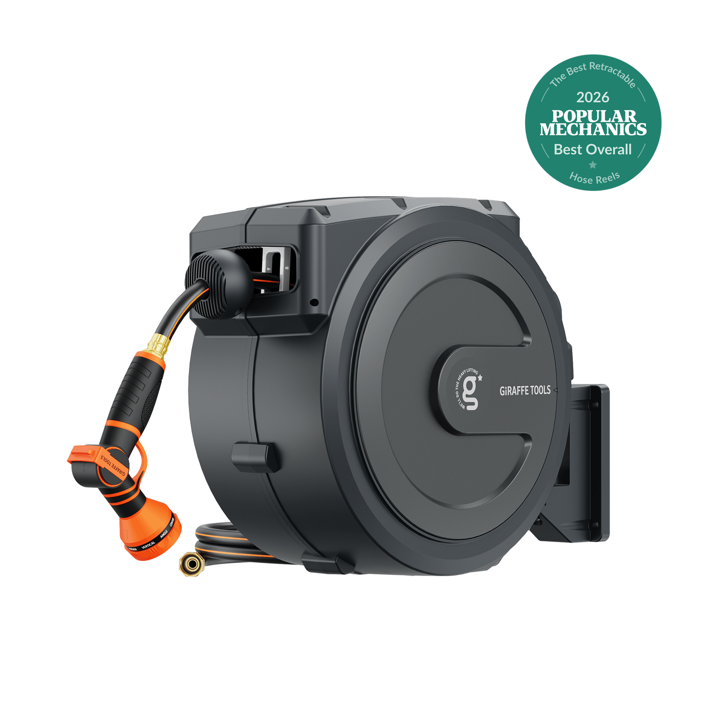 Retractable Giraffe Tools US garden hose reel with 62ft-155ft length, mounted on a wall for easy hose organization and storage.