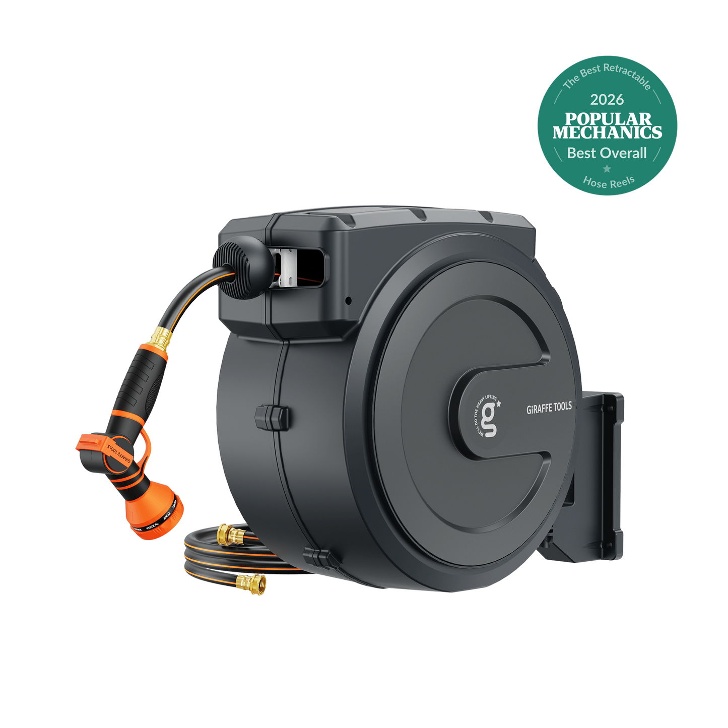 Giraffe Tools US retractable garden hose reel with 62ft to 155ft hose, mounted on wall for easy watering and storage.