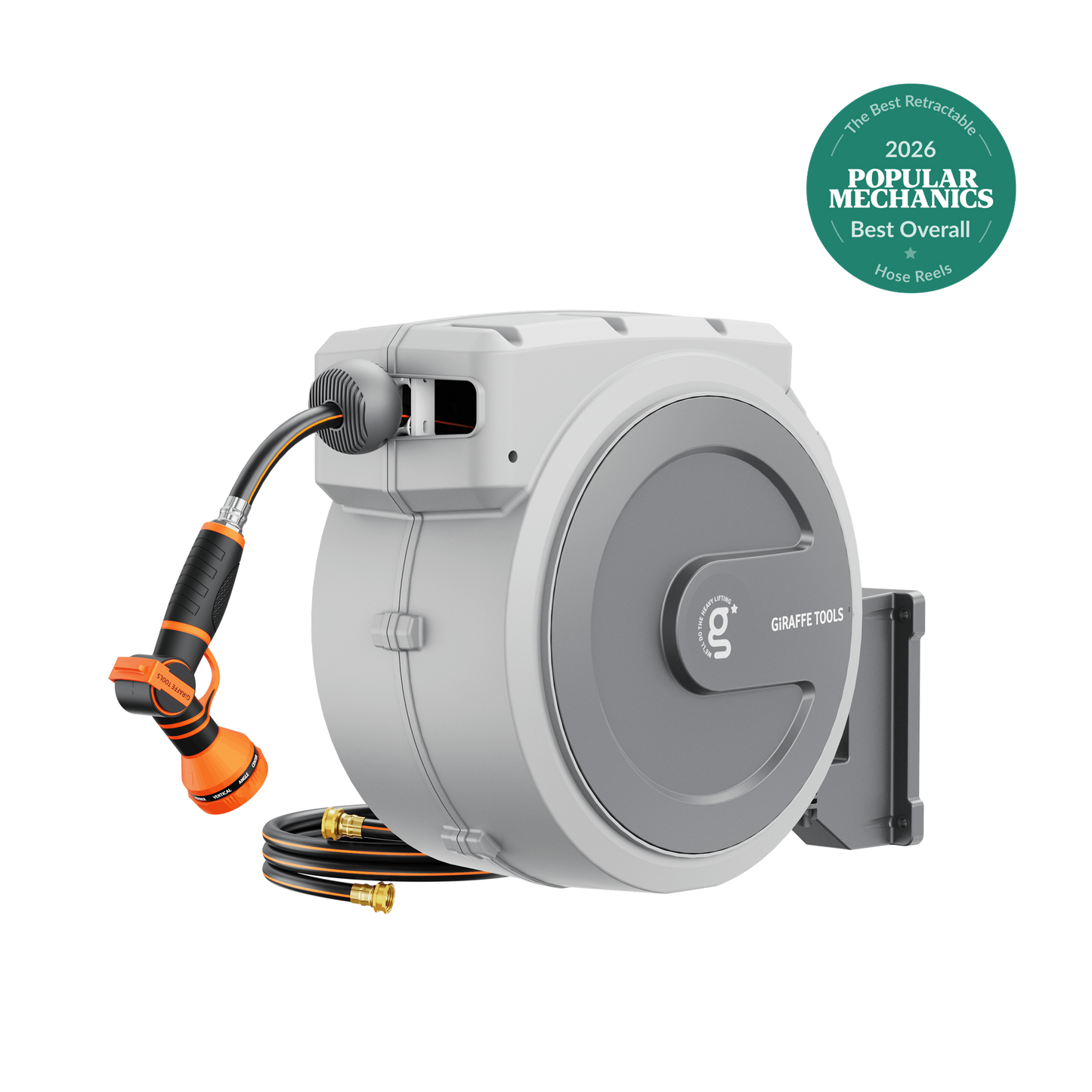 Giraffe Tools US retractable garden hose reel with 62ft-155ft hose, mounted on a garden wall, showcasing its sleek design and durability.