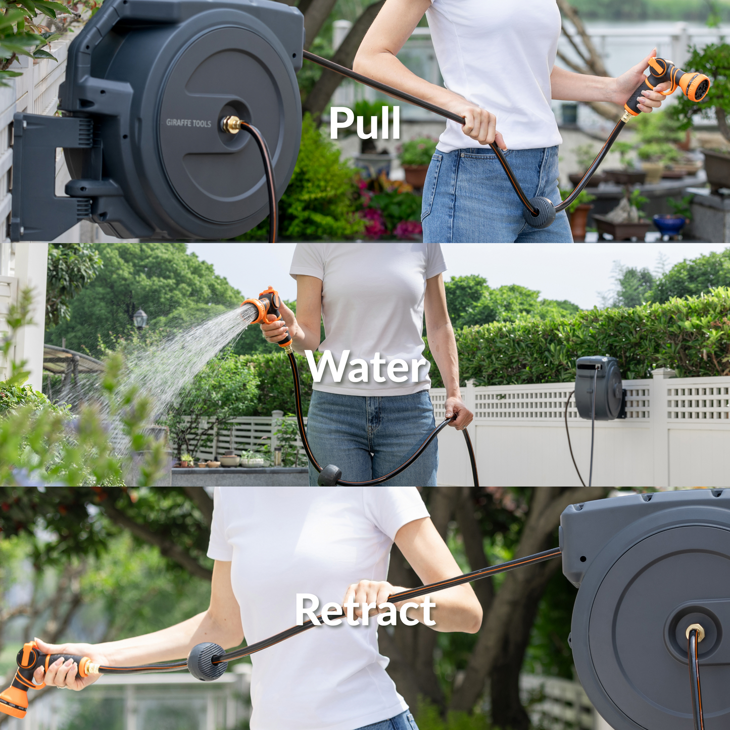 Giraffe Tools US 62ft-155ft retractable garden hose reel with black and silver design, mounted outdoors with hose neatly retracted.