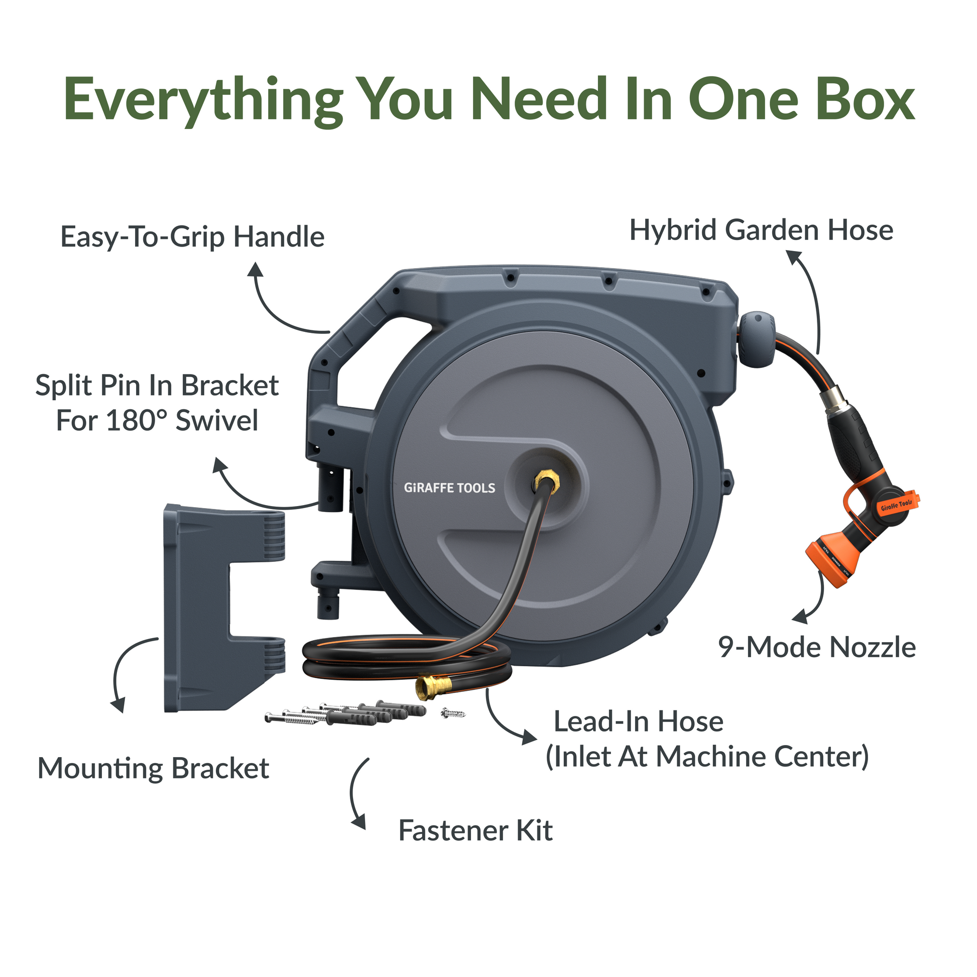 Giraffe Tools US retractable garden hose reel with 62ft to 155ft hose, mounted outdoors with hose neatly retracted