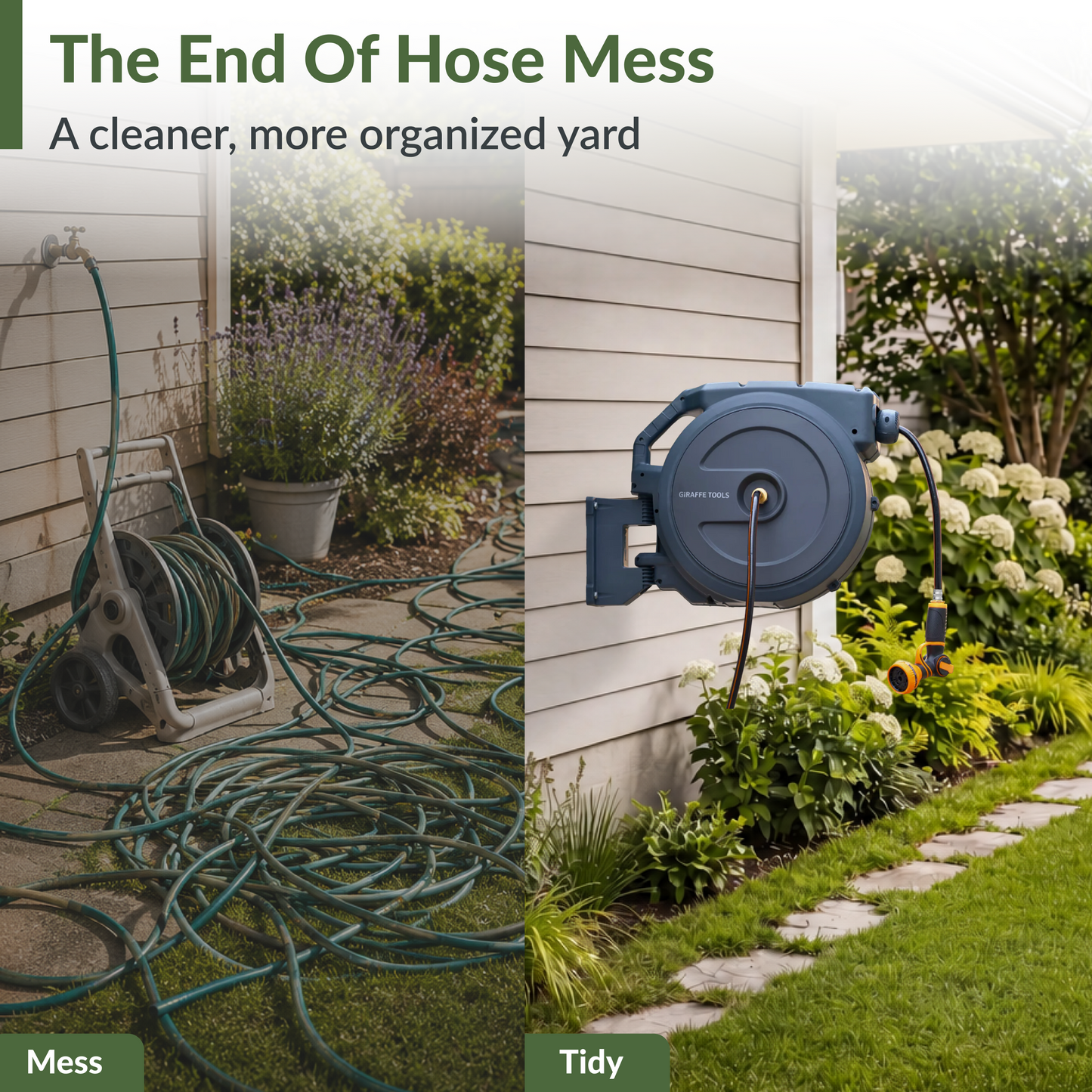 Giraffe Tools US retractable garden hose reel with 62ft-155ft capacity, black and silver design, mounted on outdoor wall