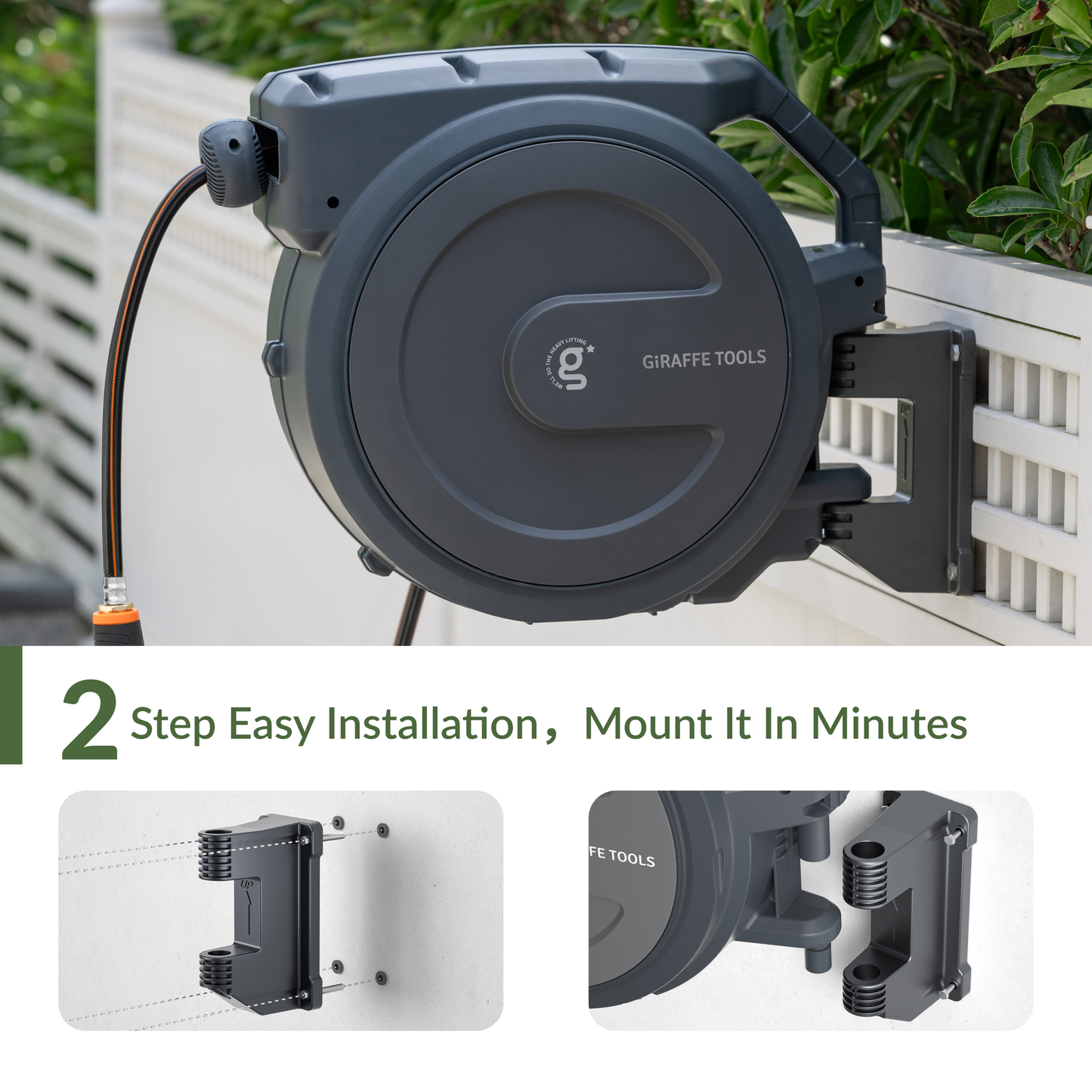 Giraffe Tools US retractable garden hose reel with 62ft-155ft of hose, mounted on outdoor wall for easy watering.