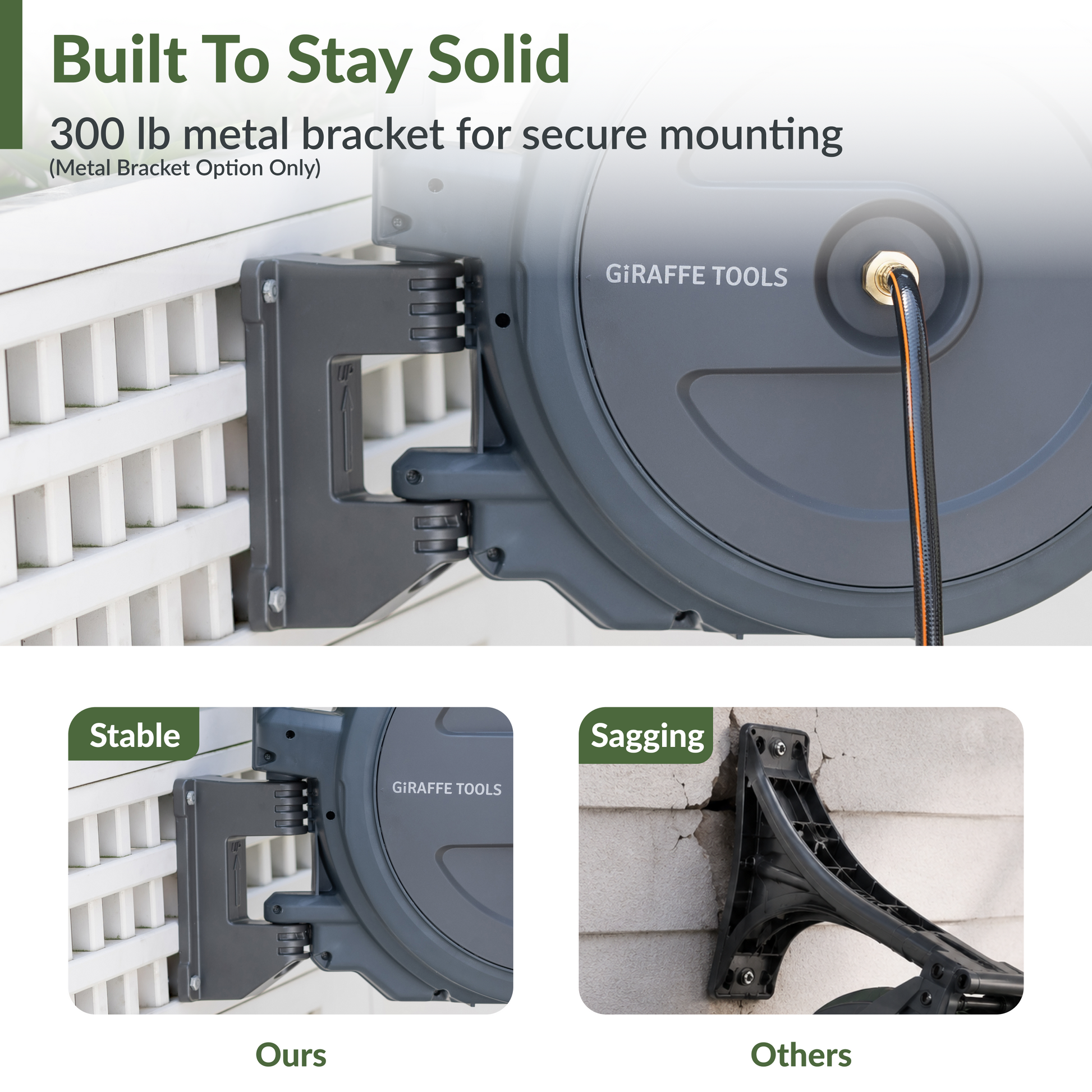 Giraffe Tools US retractable garden hose reel with 62ft-155ft hose, mounted on a wall for easy watering and storage.