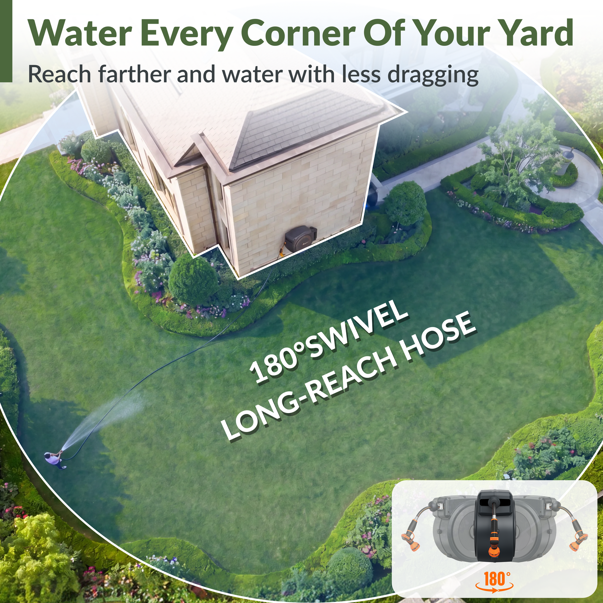 Giraffe Tools US retractable garden hose reel with 62ft to 155ft hose, mounted on wall for easy watering and storage.