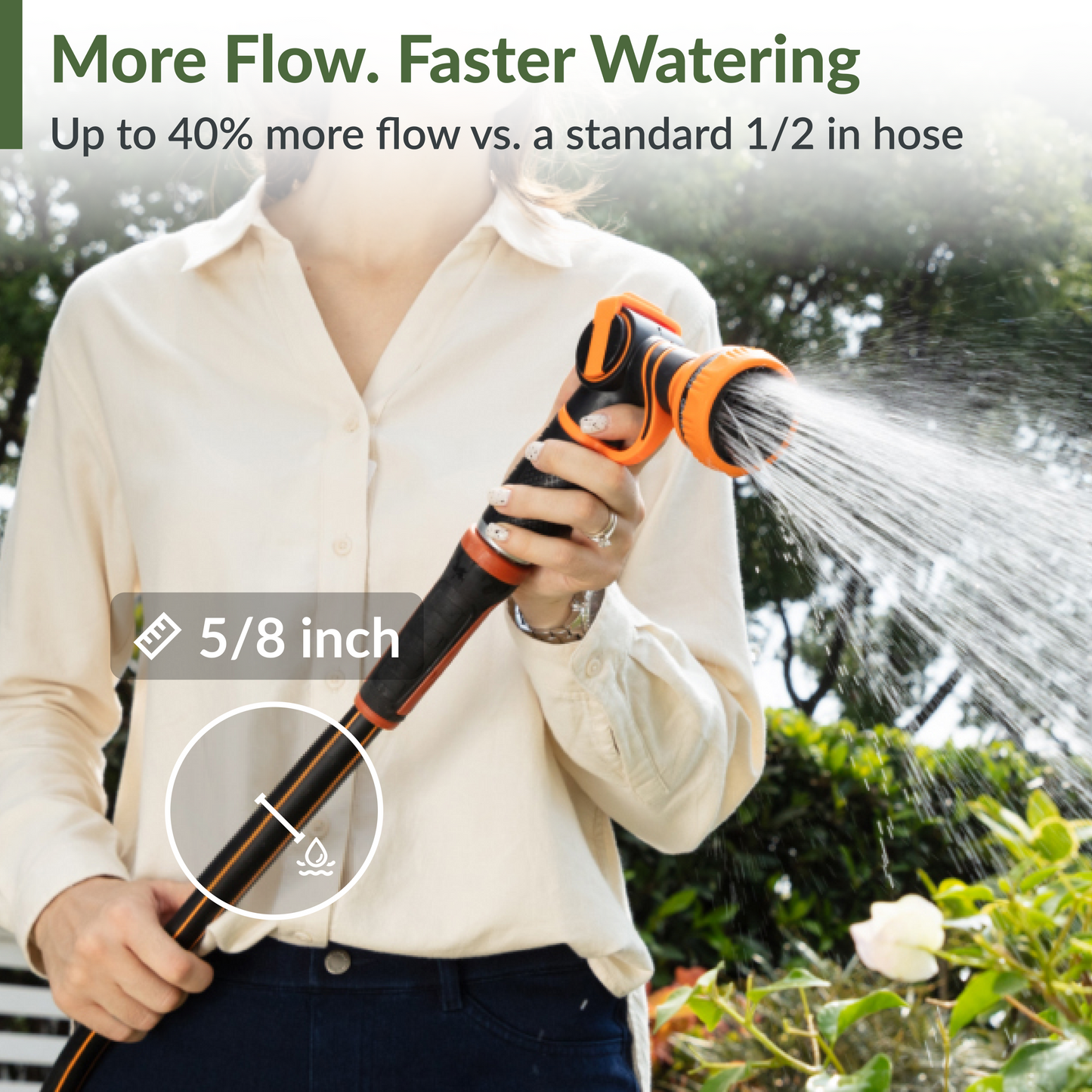 Giraffe Tools US retractable garden hose reel with 62ft to 155ft hose, mounted on a garden wall for easy watering.