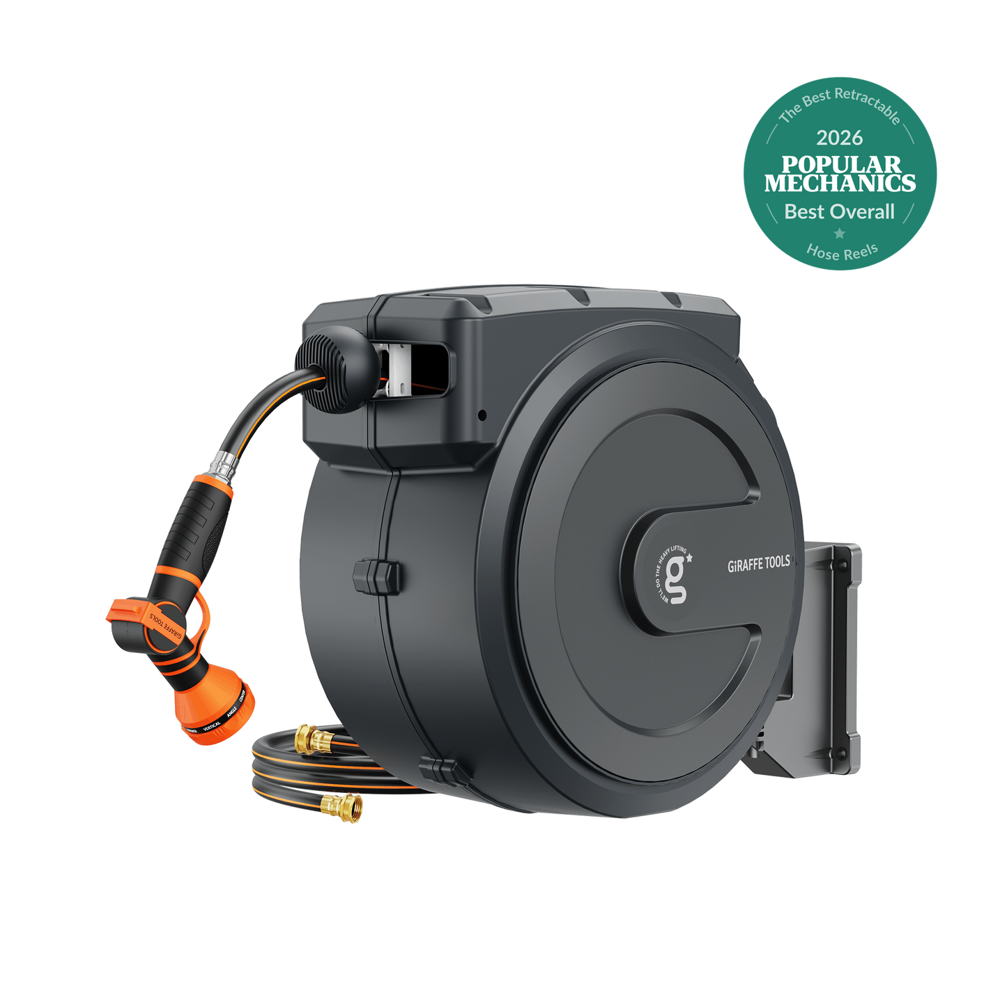 Giraffe Tools US 62ft-155ft retractable garden hose reel with black and silver design and sturdy mounting bracket.