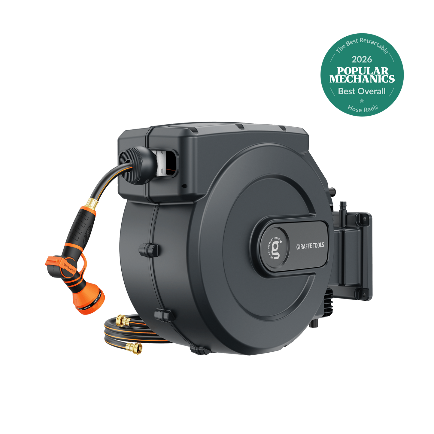 Giraffe Tools US retractable garden hose reel with 62ft to 155ft hose, wall-mounted, durable and easy to use for watering gardens.