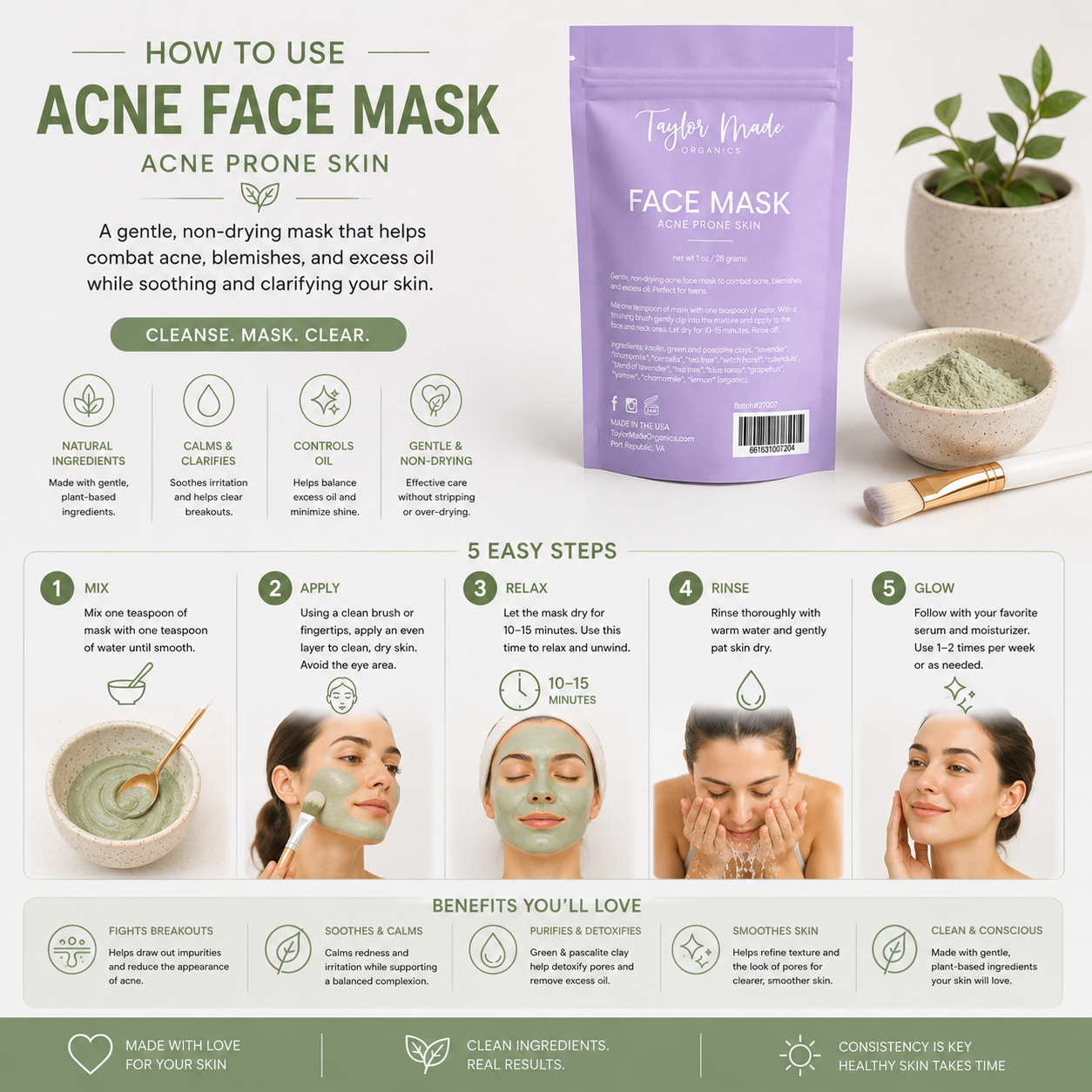 Taylor Made Organics acne face mask showing a soothing, natural face mask designed to help treat and prevent acne.