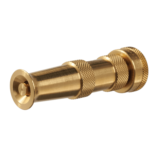 Dramm Heavy Duty Brass Adjustable Hose Nozzle with ergonomic grip and adjustable spray settings for gardening and watering tasks.