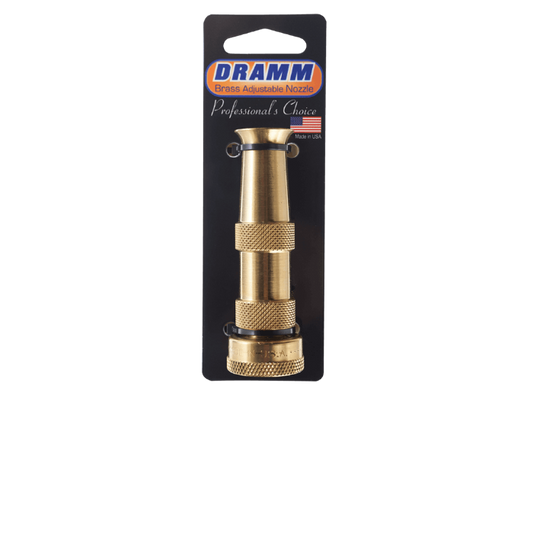 Dramm Heavy Duty Brass Adjustable Hose Nozzle with grip and nozzle tip, ideal for gardening and watering tasks.