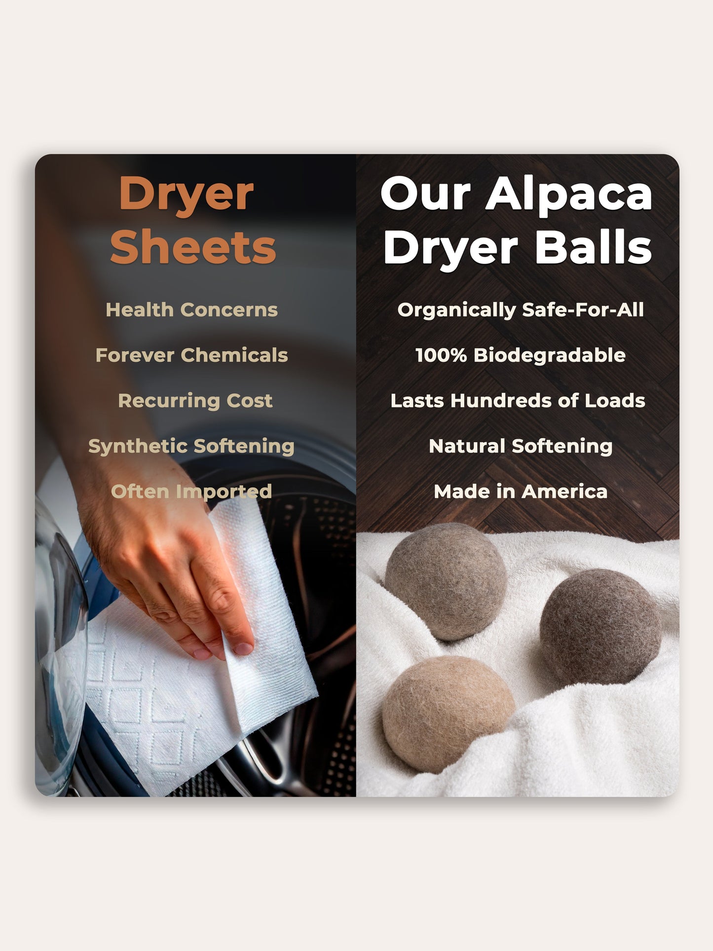 A comparison graphic shows on the left a hand holding dryer sheets above a washer, highlighting drawbacks. On the right, three Rustic Strength Alpaca Dryer Balls (3 pack) are shown with static-reducing benefits next to soft towels.